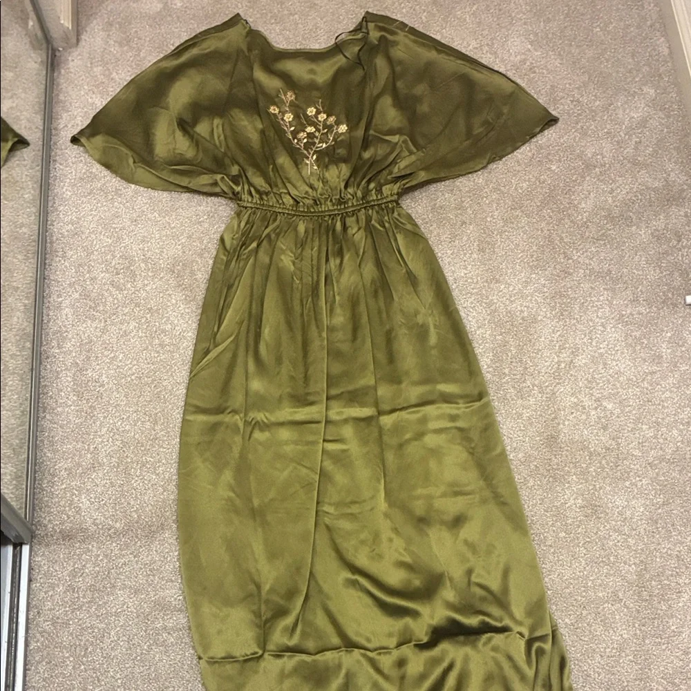 Cost Plus World Market Olive Embroidered Drawstring Maxi Dress - Picture 3 of 3